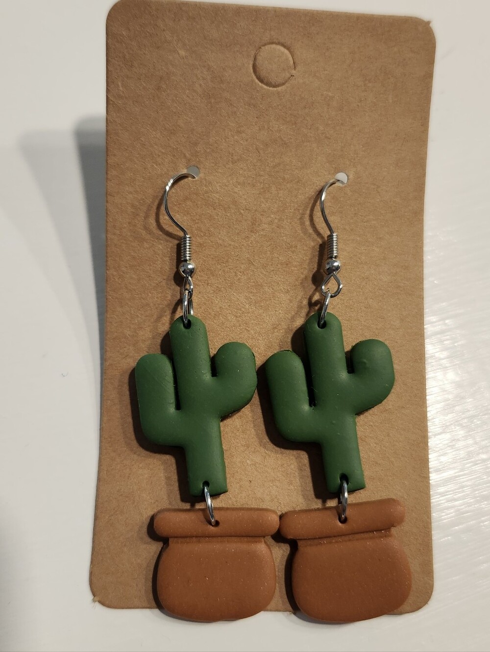 Handmade Clay Cactus in Terracotta Pot Dangle Earrings - Green & Brown